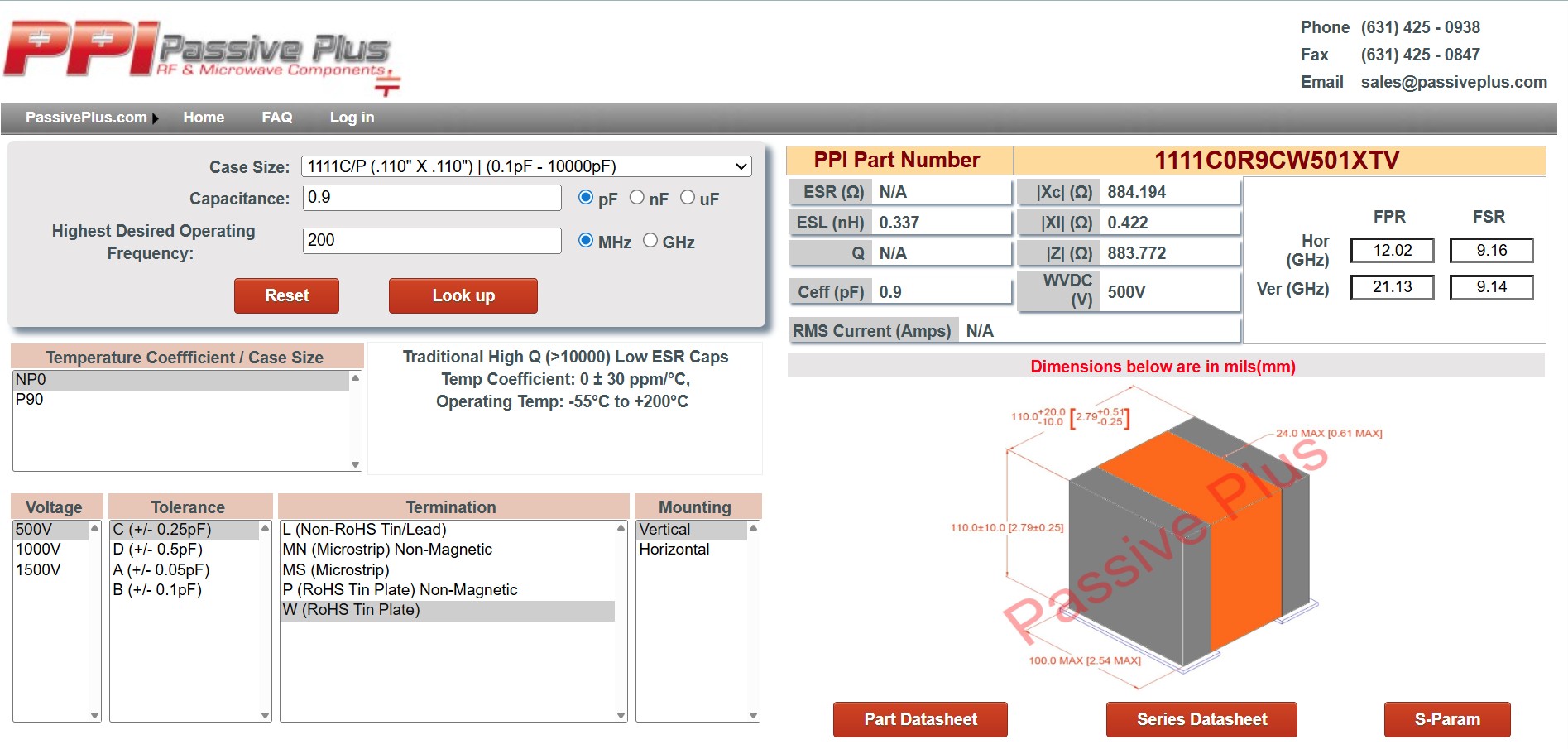 Screenshot of Passive Plus capacitor lookup tool showing selected 1111 case size, 0.9 pF capacitance, 500V rating, and part number 1111C0R9CW501XTV with electrical parameters, frequency performance, and dimensional drawing